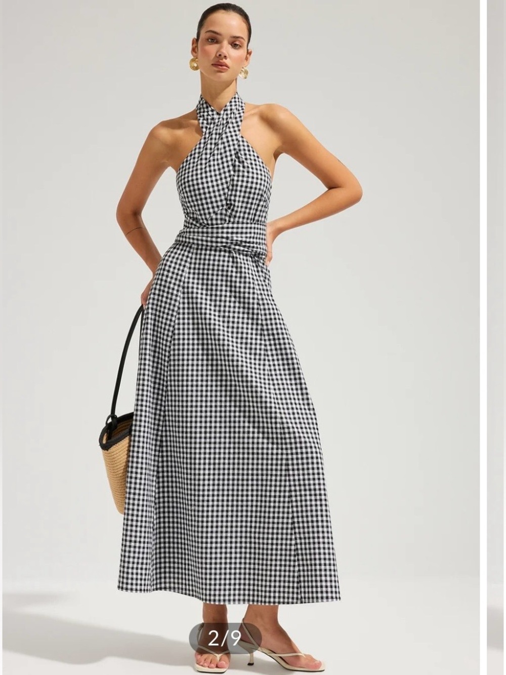 Commense Black & White Gingham Cotton Halter Maxi Dress